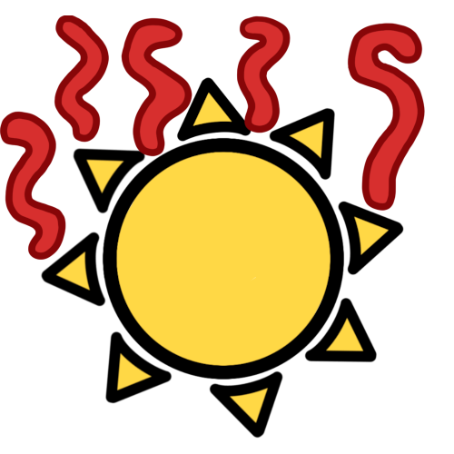 a  yellow sun with red lines above it, indicating heat.
